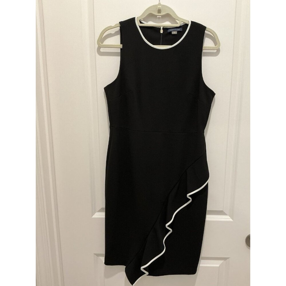 Tommy Hilfiger Dress Size 10 Black Sleeveless White Trim Diagonal Ruffle Accent